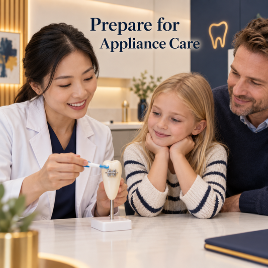 The family learns how to care for a fixed appliance. Educational illustration.