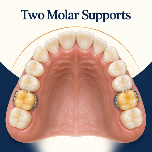 Two molar supports anchor the limited arrangement. Educational illustration.