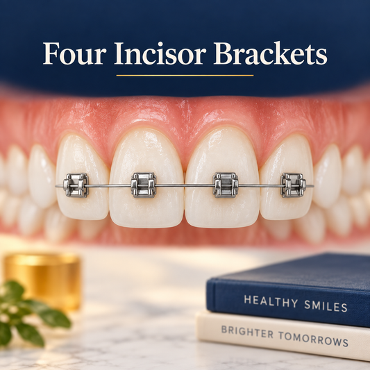 Four incisor brackets form the front attachment group. Educational illustration.