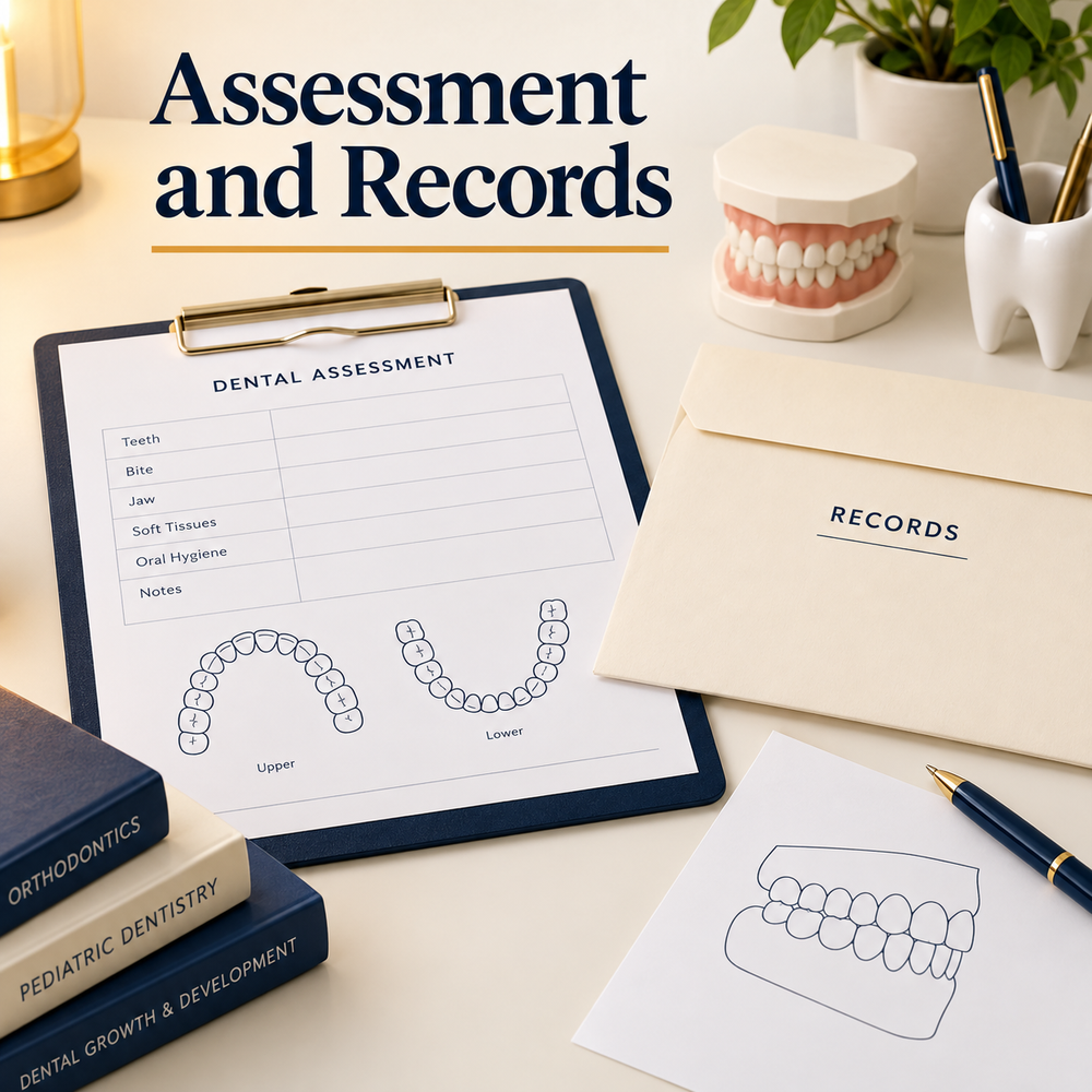 Assessment and records precede fitting. Educational illustration.