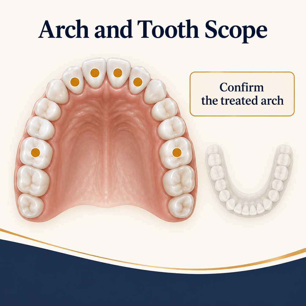 The written plan records which arch and teeth are treated. Educational illustration.