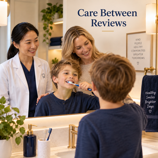 The child follows the clinician’s appliance-care routine. Educational illustration.
