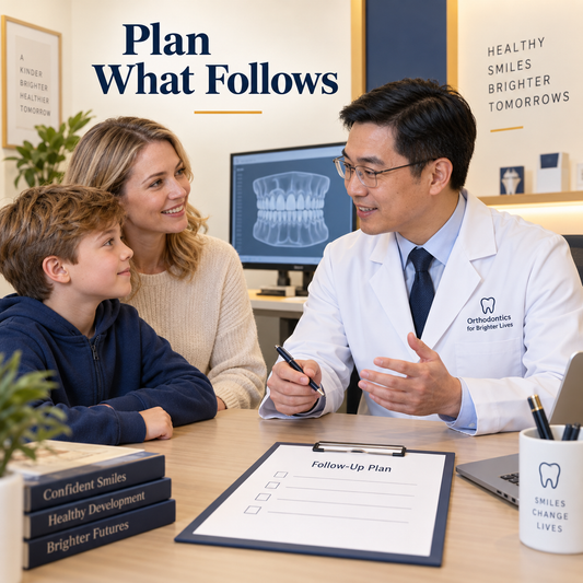 The clinician reviews retention and future development. Educational illustration.