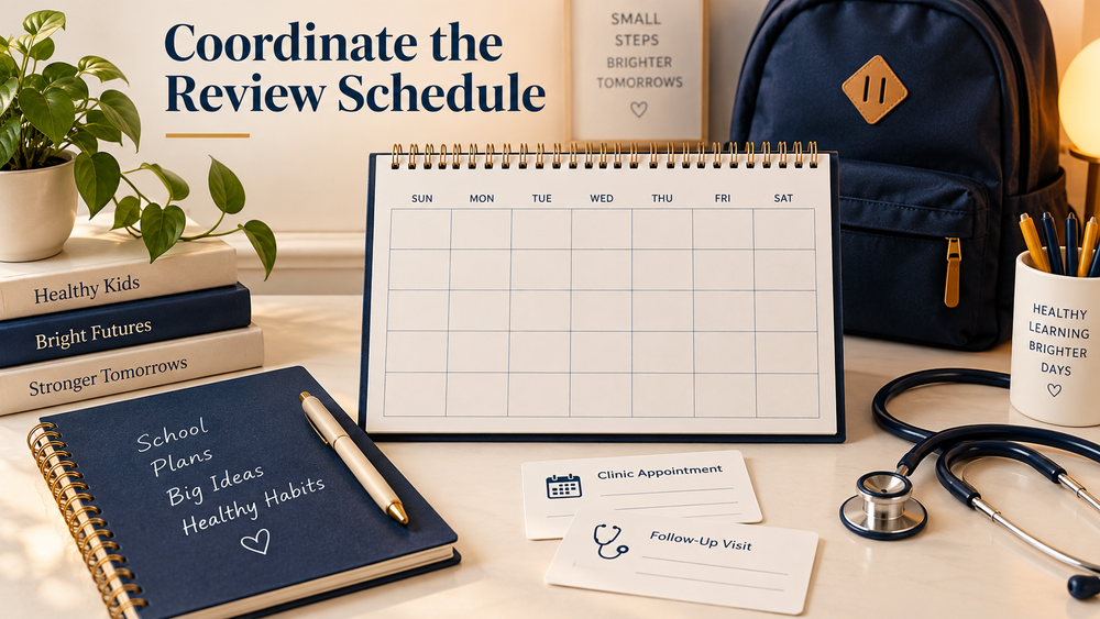 Reviews are coordinated around the child’s individual plan. Educational illustration.
