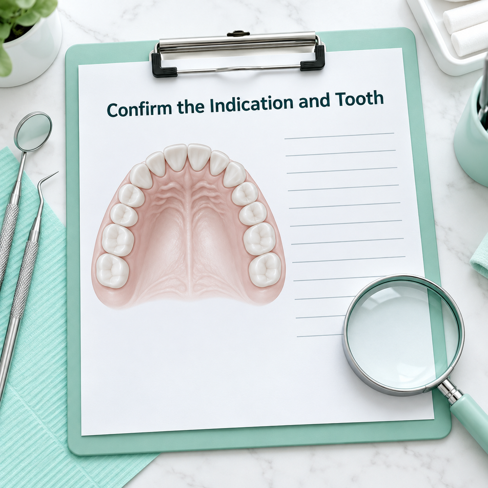 Confirm the Indication and Tooth. Educational illustration.