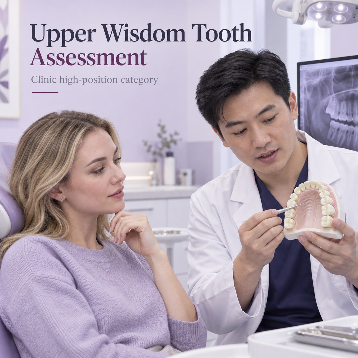Upper Wisdom Tooth Assessment. Educational illustration.