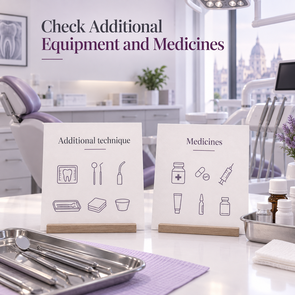 Check Additional Equipment and Medicines. Educational illustration.