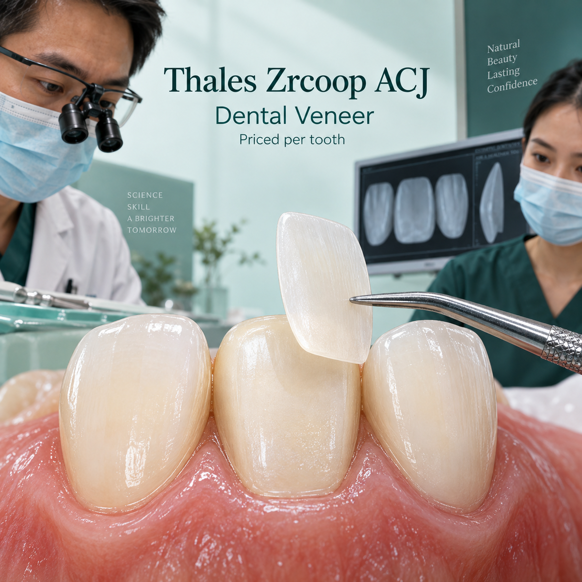 Thin veneer facing separated from the front of a natural incisor. Educational illustration.