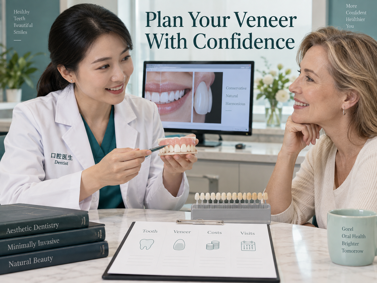 Chinese dentist discusses veneer shape, shade, costs and timing with an adult patient. Educational illustration.