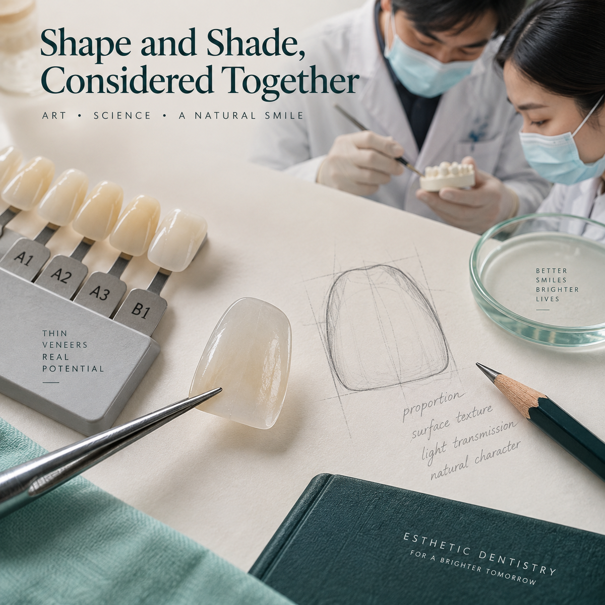 Veneer shell beside anterior shade tabs and a contour sketch. Educational illustration.