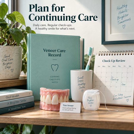 Veneer care record with cleaning tools and a future review calendar. Educational illustration.