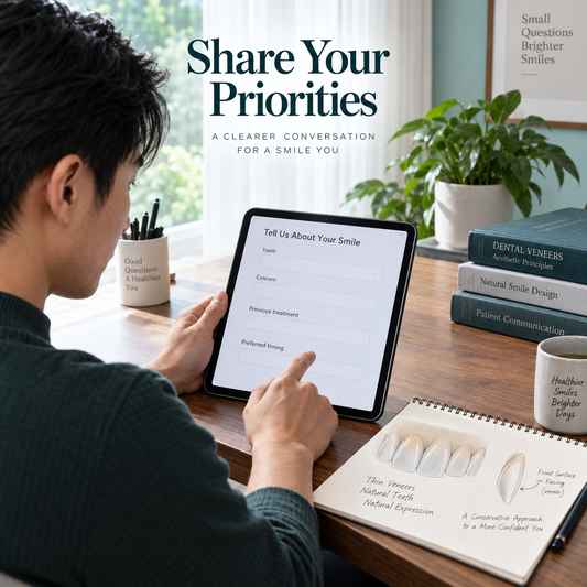 Patient writes a veneer inquiry from home using tooth and concern fields. Educational illustration.