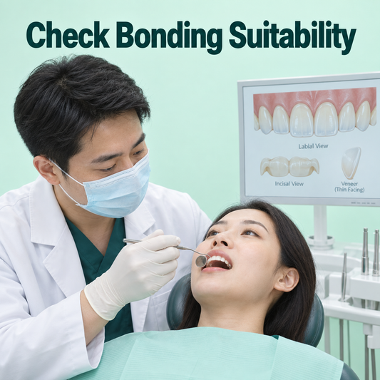 Chinese dentist checks anterior teeth and bite for veneer suitability. Educational illustration.