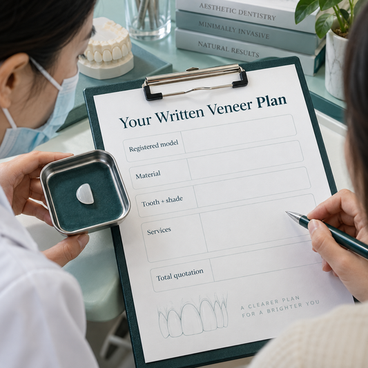 Veneer prescription with unfilled product and service scope fields. Educational illustration.