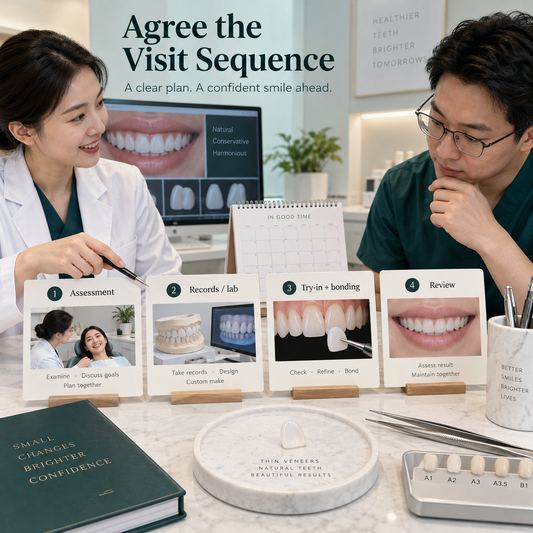 Appointment cards distinguish veneer assessment, records, fitting and review. Educational illustration.