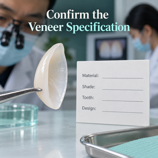 Veneer shell shown edge-on with design and material confirmation fields. Educational illustration.