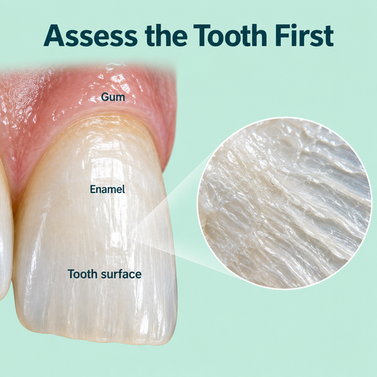 Enamel and existing tooth surface assessed before veneer planning. Educational illustration.