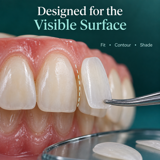 Custom thin facing aligns with the front of a natural incisor. Educational illustration.