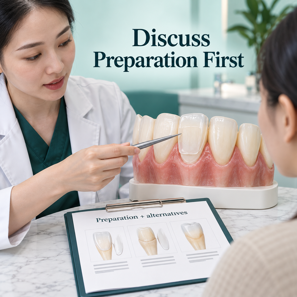 Dentist explains veneer preparation with a natural incisor cross-section model. Educational illustration.