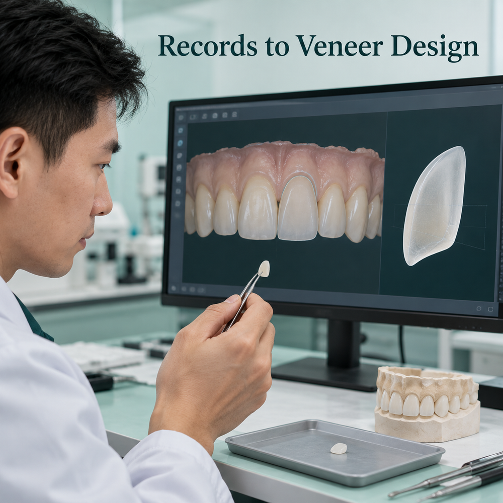 Chinese technician designs a thin incisor veneer from a dental scan. Educational illustration.