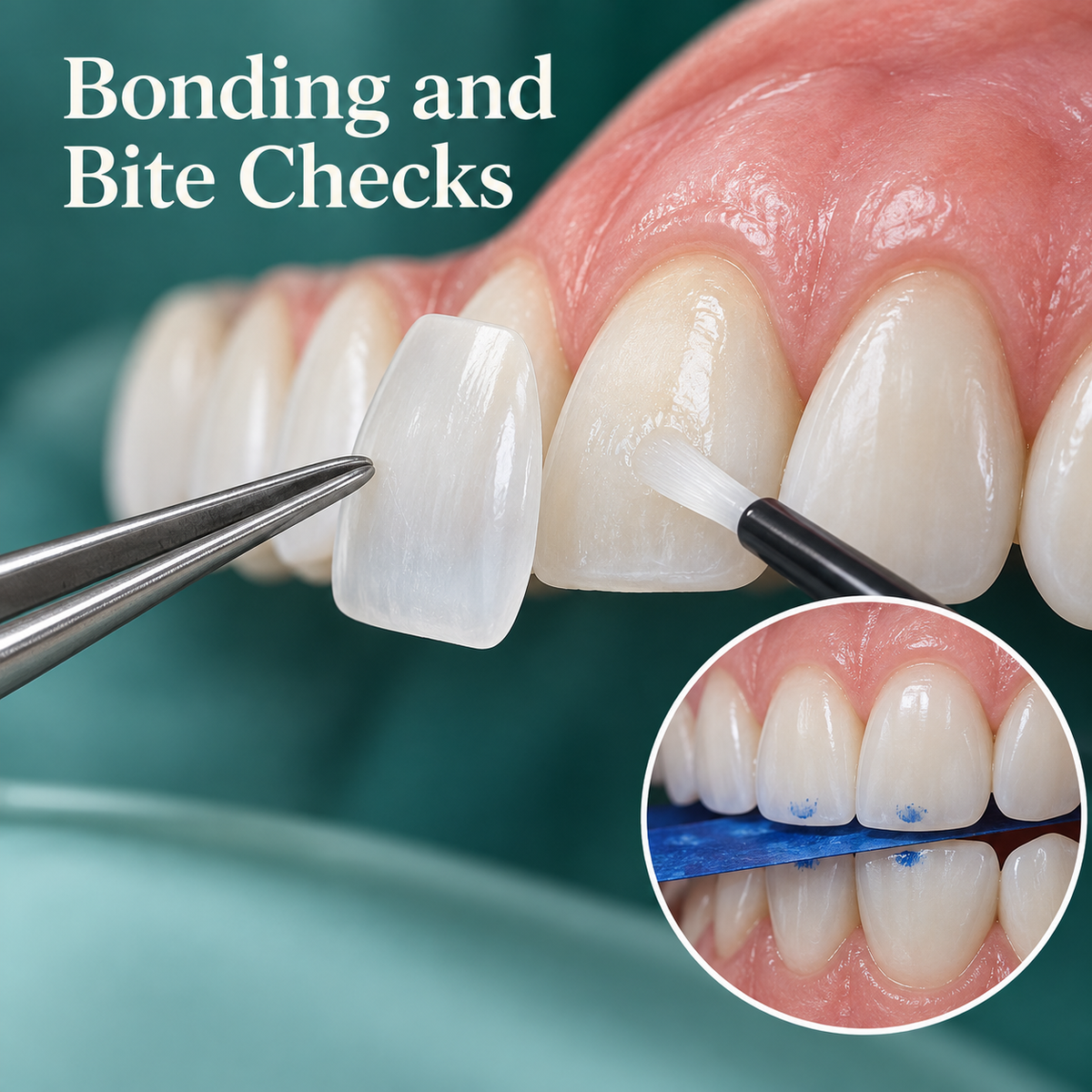Thin veneer seated against the front surface with a separate bite-check inset. Educational illustration.