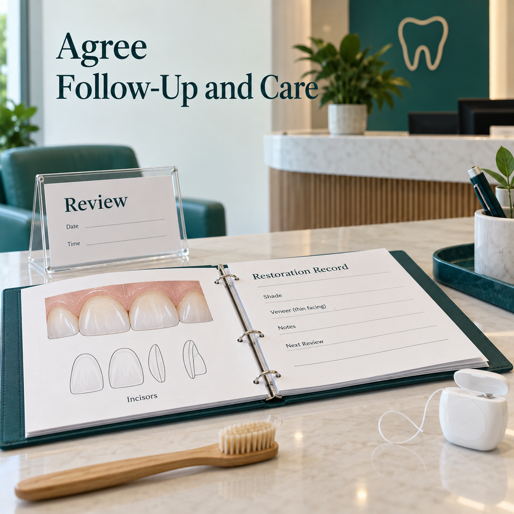 Veneer review record, tooth diagram and maintenance arrangements. Educational illustration.