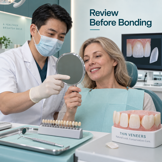 Patient and Chinese dentist discuss veneer appearance at try-in. Educational illustration.
