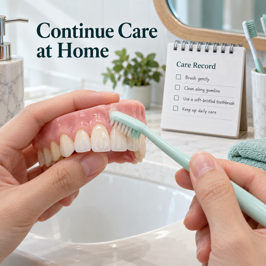 Hands clean along a veneered anterior tooth model while keeping its care record. Educational illustration.