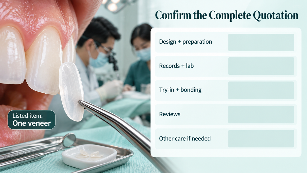 Wide quotation separates the single veneer from service stages and possible extras. Educational illustration.