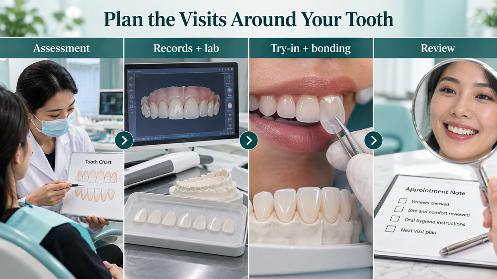 Wide veneer appointment sequence without fixed dates. Educational illustration.