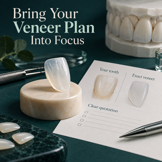 Thin veneer sample with tooth, specification and quotation questions. Educational illustration.