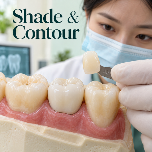 Shade and contour — educational illustration for a WIELAND implant crown restoration.