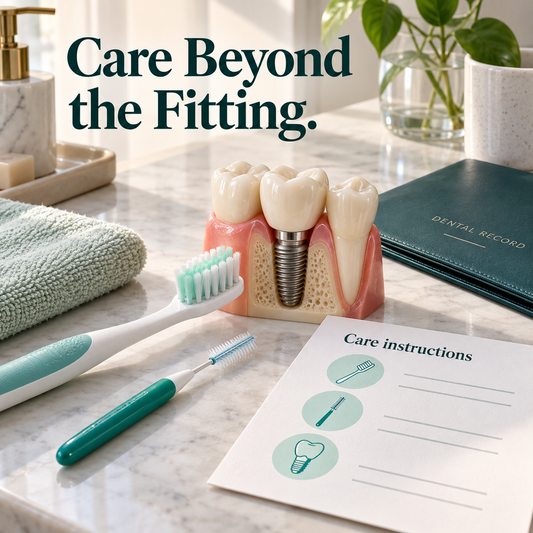 Everyday cleaning and care — educational illustration for a WIELAND implant crown restoration.