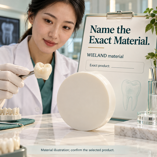 Identify the exact WIELAND material — educational illustration for a WIELAND implant crown restoration.