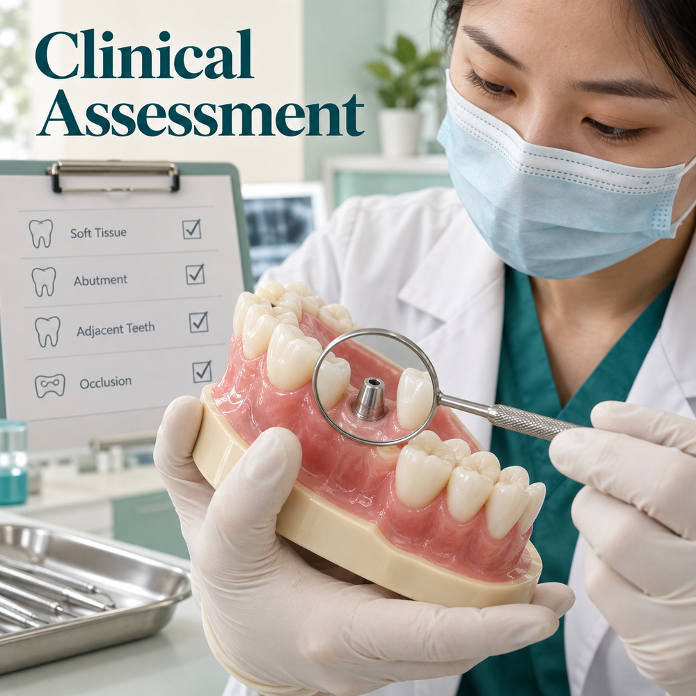 Clinical assessment — educational illustration for a WIELAND implant crown.