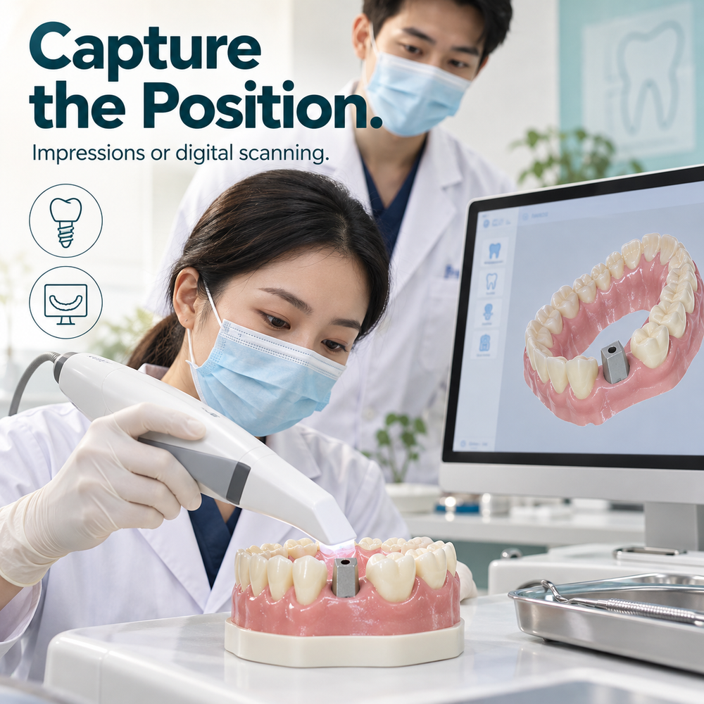 Impressions or digital scanning — educational illustration for a WIELAND implant crown.