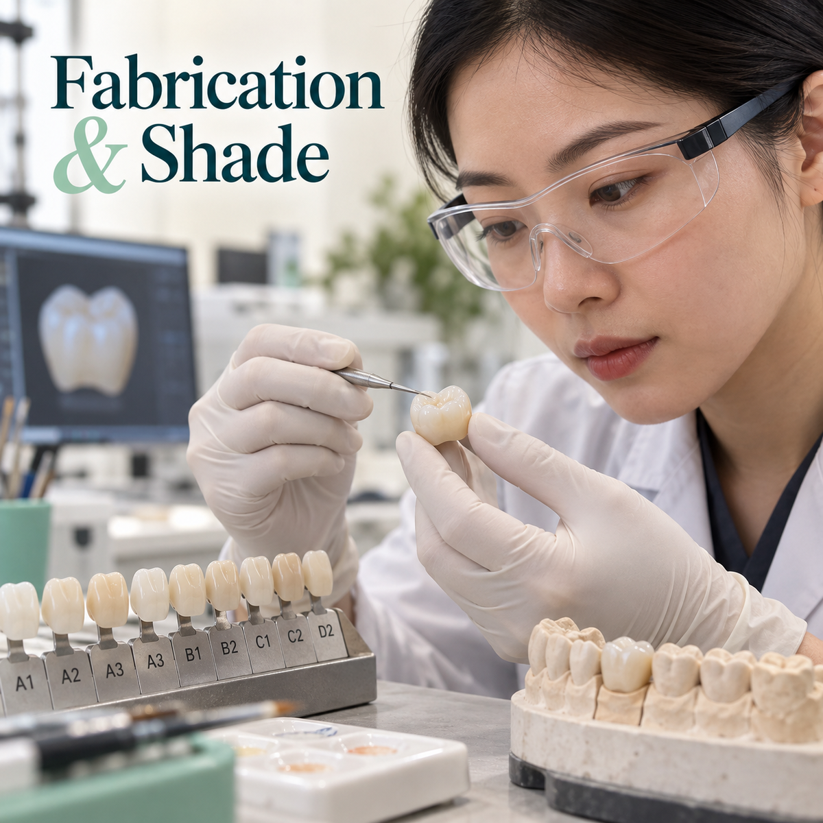 Crown fabrication — educational illustration for a WIELAND implant crown restoration.