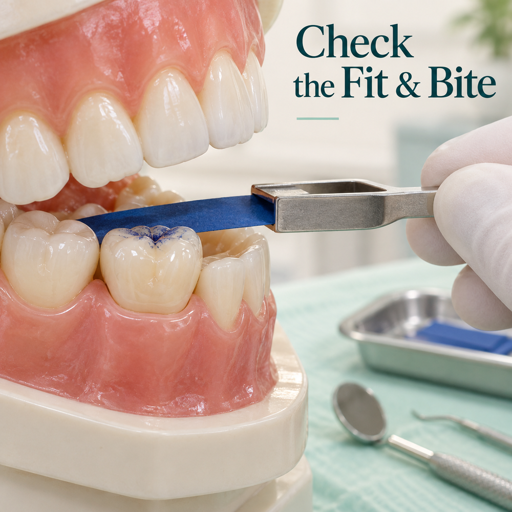 Fitting and bite checks — educational illustration for a WIELAND implant crown.