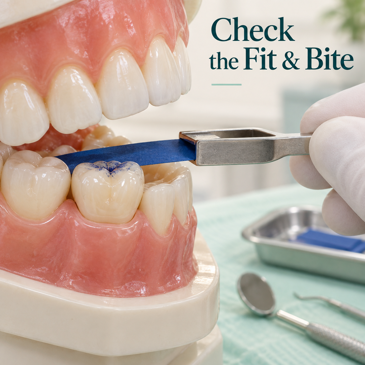 Fitting and bite assessment — educational illustration for a WIELAND implant crown restoration.