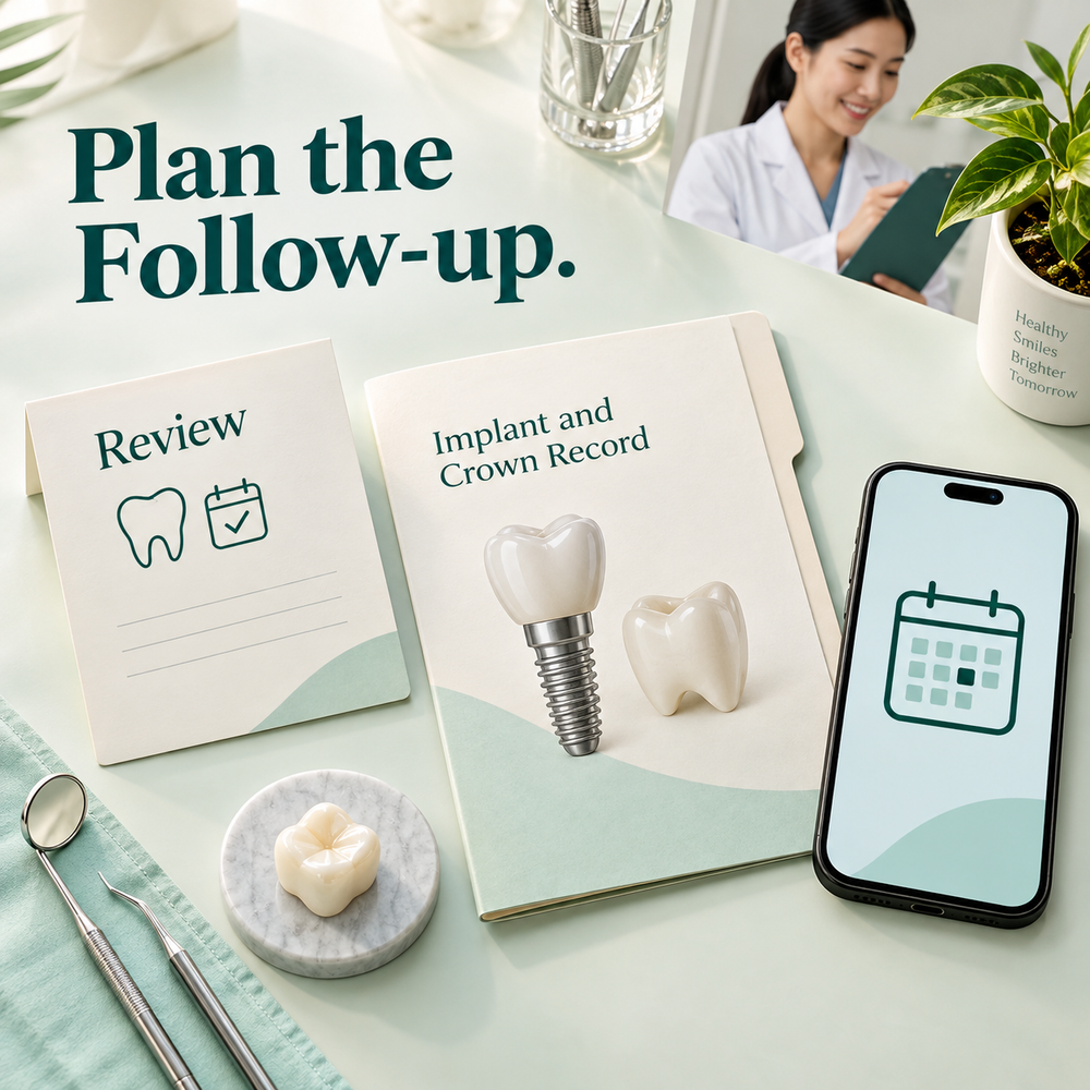 Reviews and continuing care — educational illustration for a WIELAND implant crown.