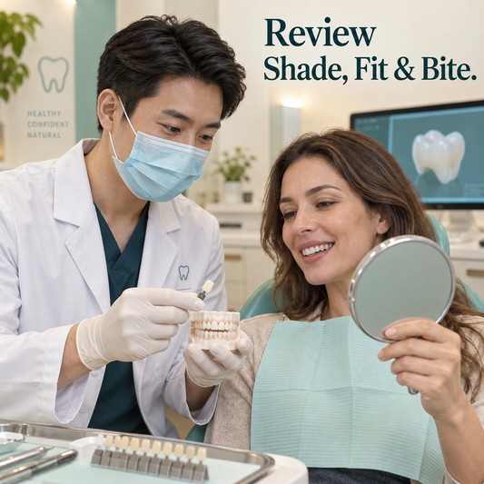 At the fitting — educational illustration for a WIELAND implant crown restoration.
