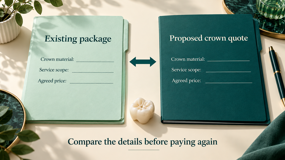 Comparing an existing implant package with a proposed crown quotation.