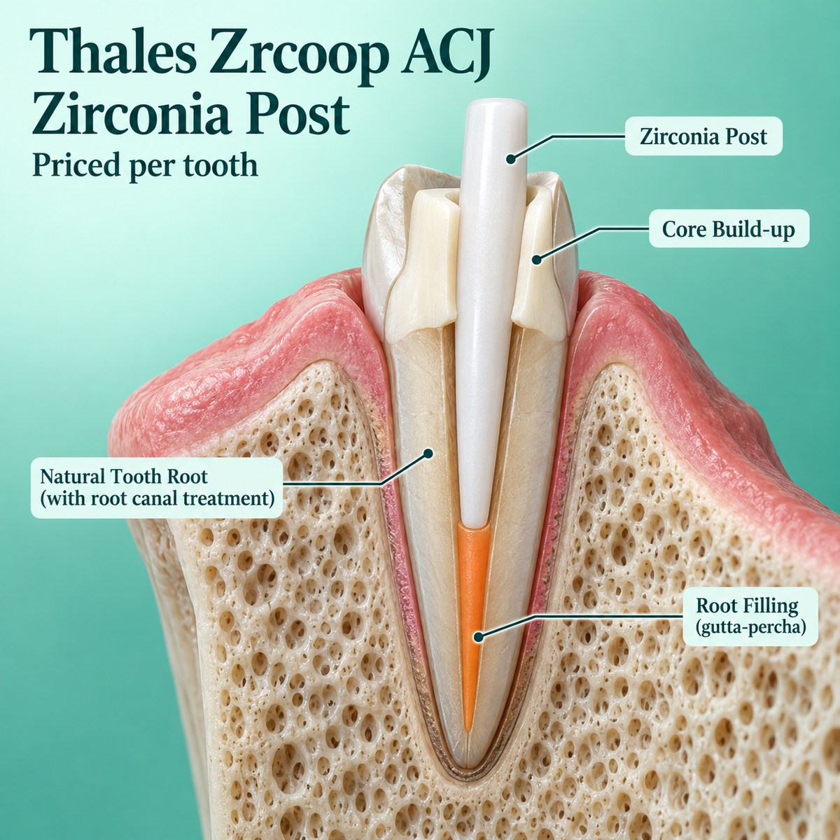 Zirconia post within a retained root-filled natural tooth. Educational illustration.