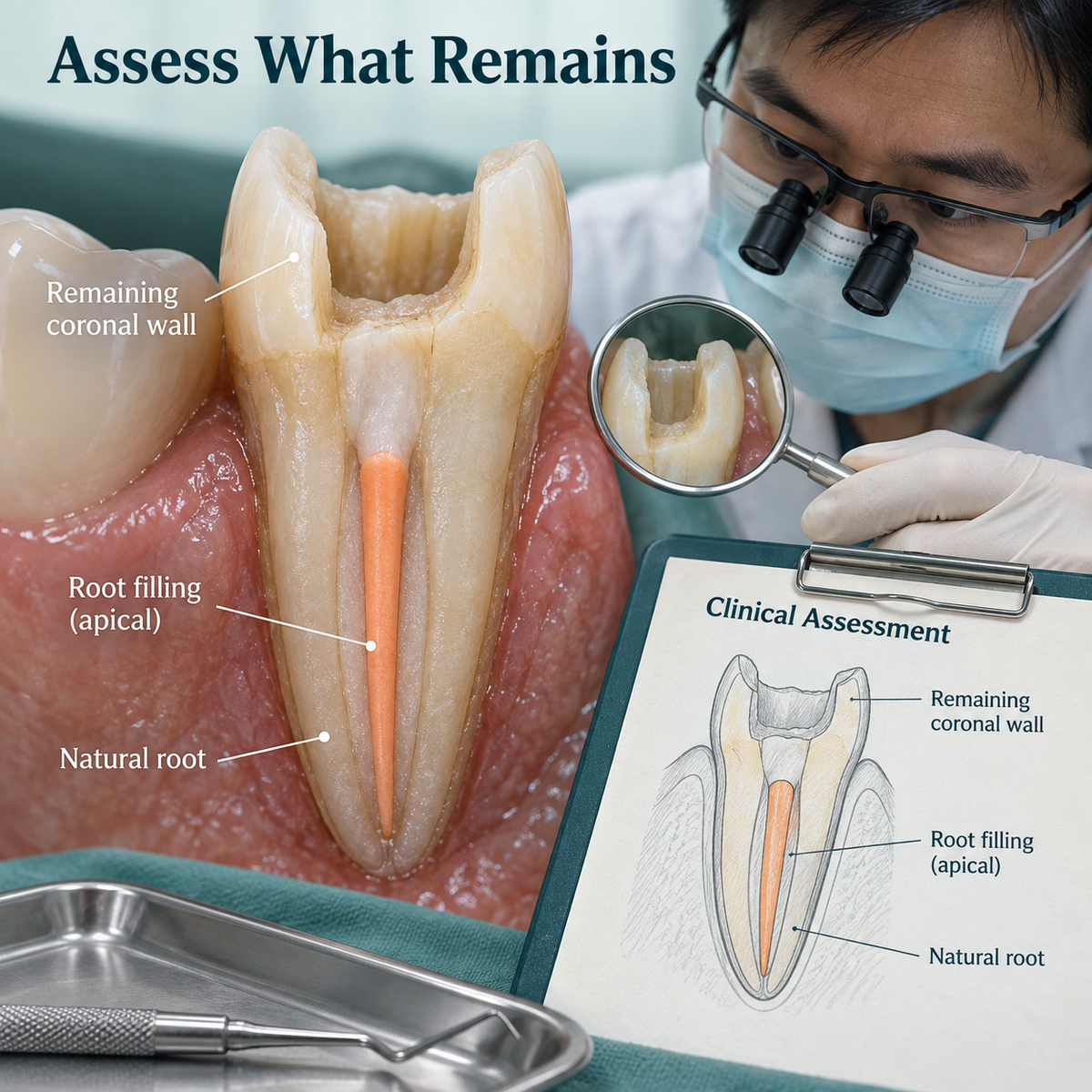Remaining tooth walls around a root-filled tooth. Educational illustration.