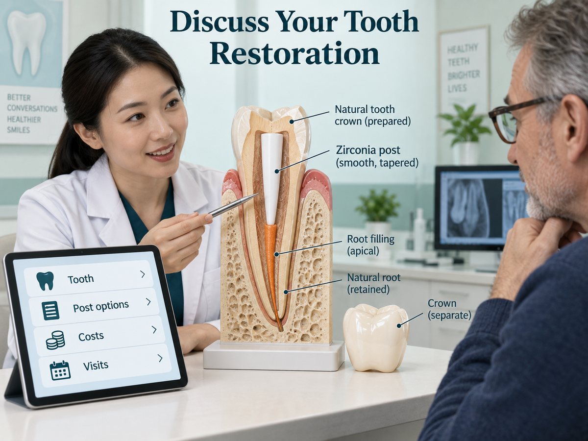 Chinese dentist discusses a root-filled tooth restoration and alternatives. Educational illustration.