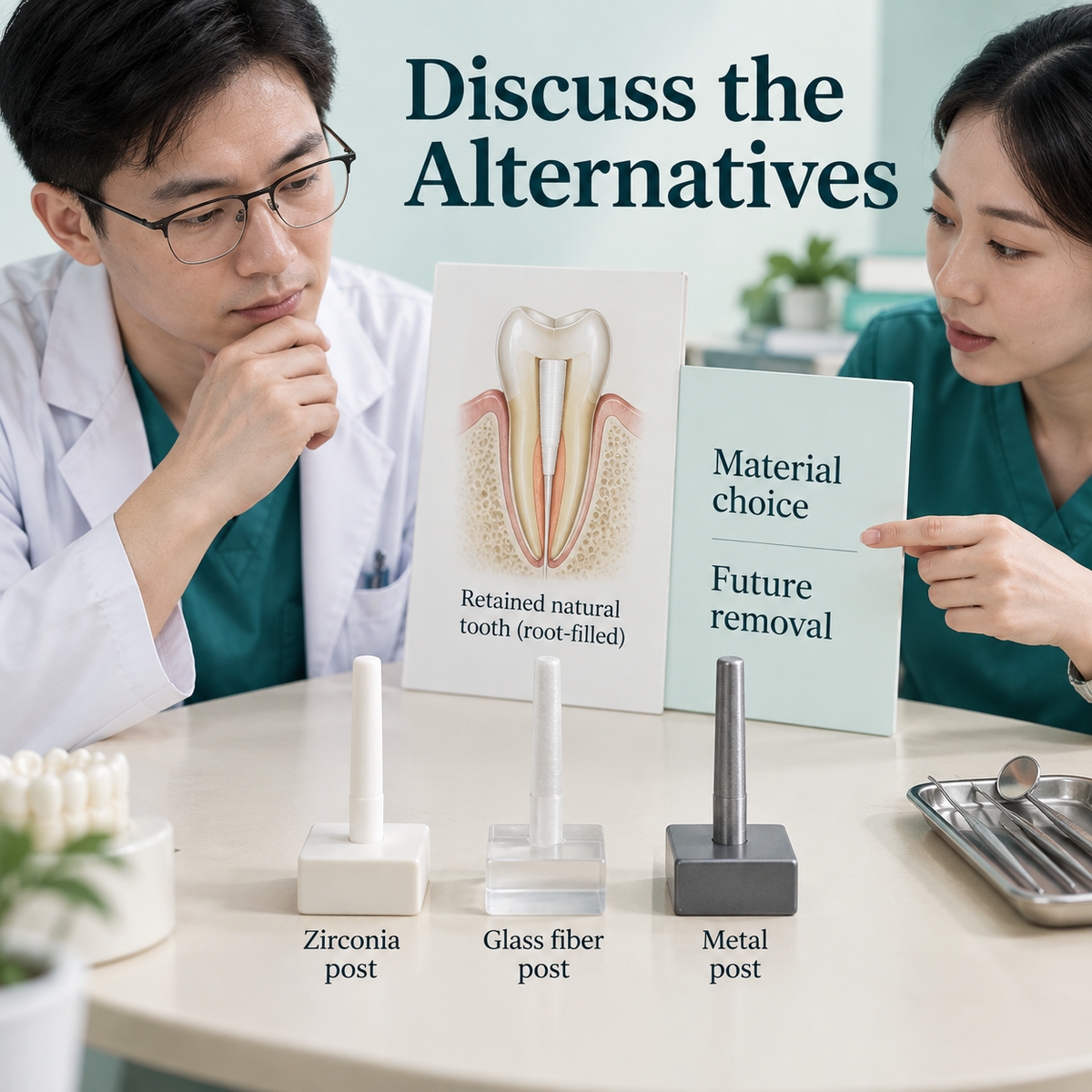 Post material alternatives and future access discussion. Educational illustration.
