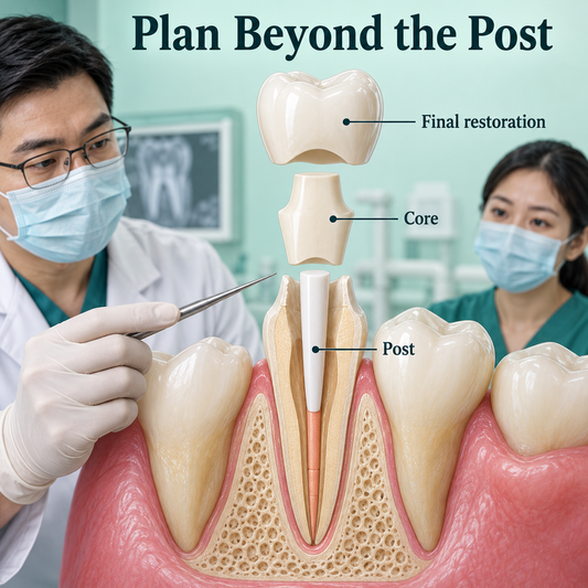 Post, core and final crown shown as distinct components. Educational illustration.