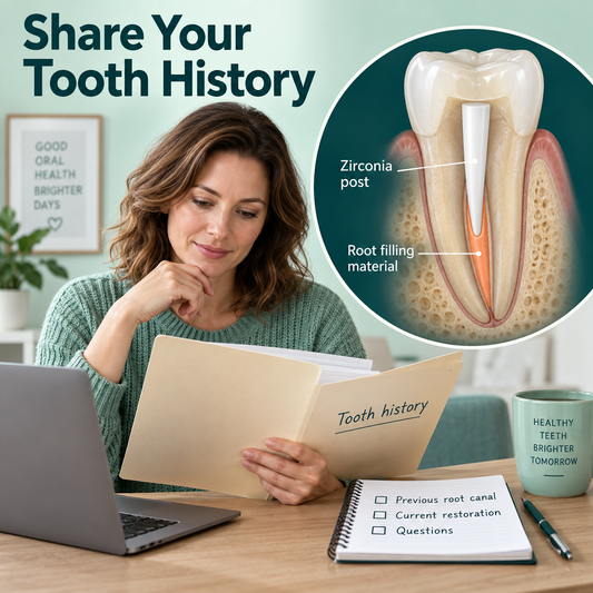 Patient gathers root canal history for an initial inquiry. Educational illustration.