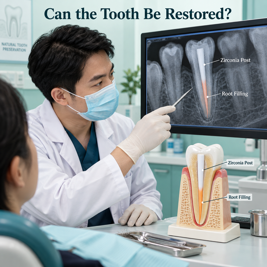 Chinese clinician assesses the root-filled tooth and remaining structure. Educational illustration.