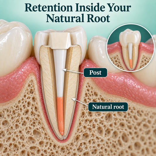 Smooth post supplies core retention inside the natural root. Educational illustration.